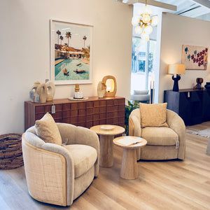 Occasional chair (89002A), End tables (40040-natl and SHR230), Sideboard (76021-natl), Original Art