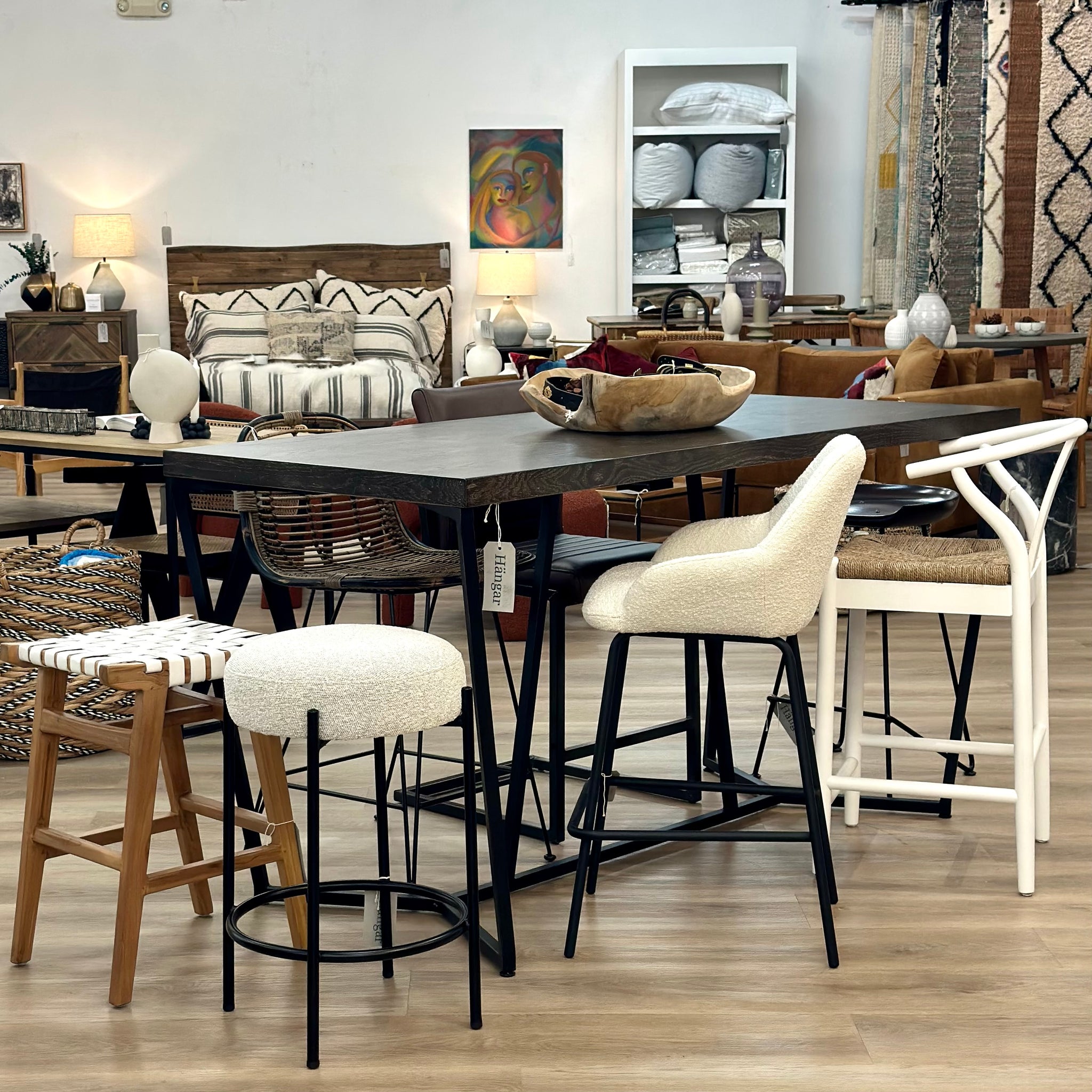 Counter Table (5369), Woven leather counter stool ((25014CSWH), Counter stool (3194), Bouclé counter chair (12204CS), Oak counter chair (9226CS)